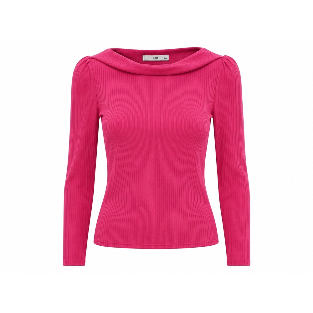 MNG Fuchsia Pink Polyester Ribbed Sweater Top Boat Neck Size L